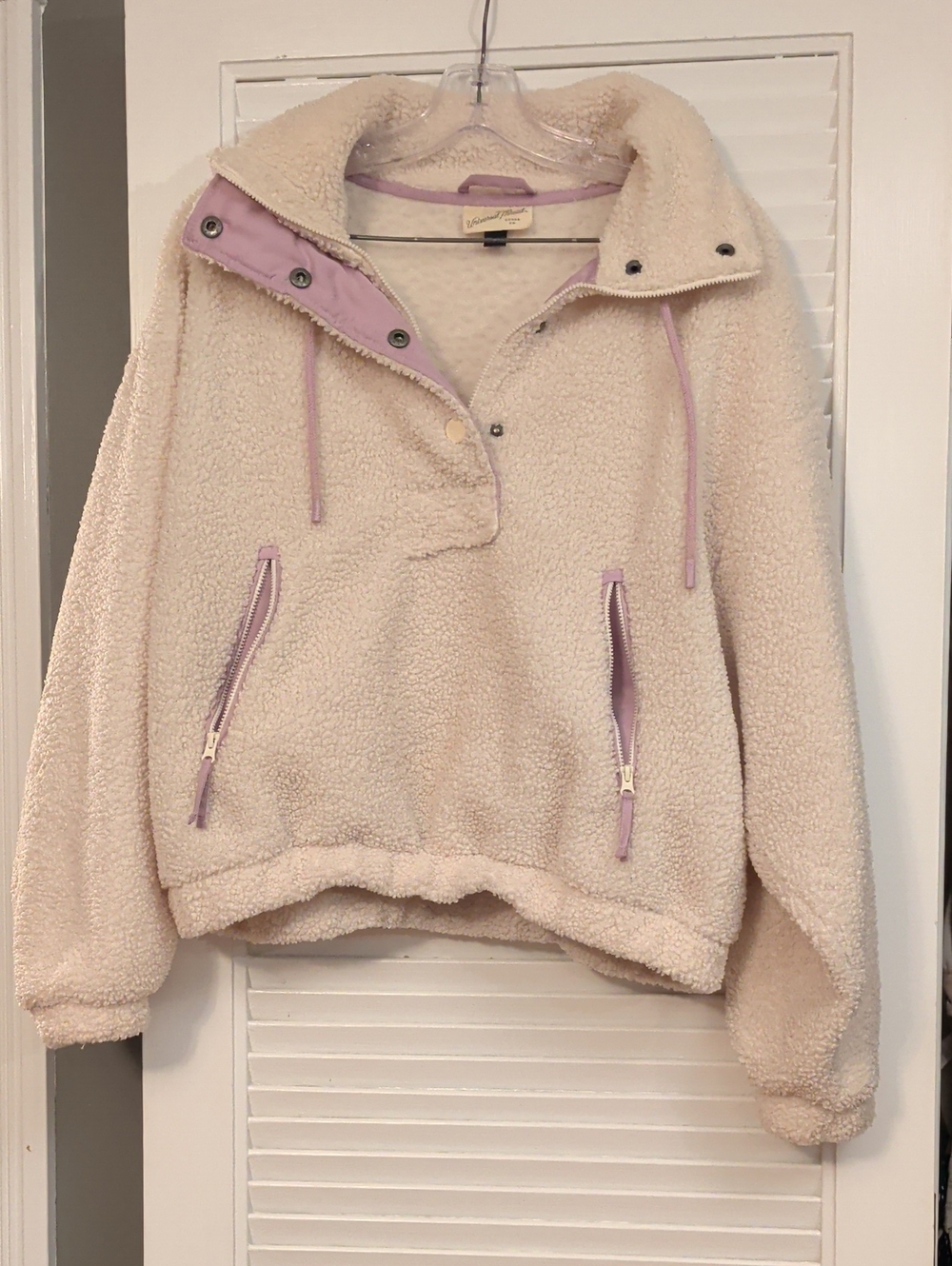 Universal Thread Cream Teddy Sherpa Jacket with Lilac Trim